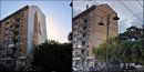 Cagliari-Vecchia riproduzione del murale Tre pietre di Pinuccio Sciola, e come si presenta oggi la facciata del palazzo dopo la sua distruzione