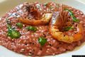 Cagliari-Hit&agraveBistrot: risotto rosso con bisque di Gamberi e fumetto di rapa rossa con Gamberi arrosto, sesamo e olio di oliva