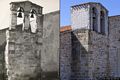 Pompu: chiesa di Santa Maria: il campanile a vela prima e dopo