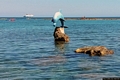 Porto Torres-Spiaggia di Scoglio Lungo: la caratteristica statua di un delfino adagiato su una roccia affacciata nel mare
