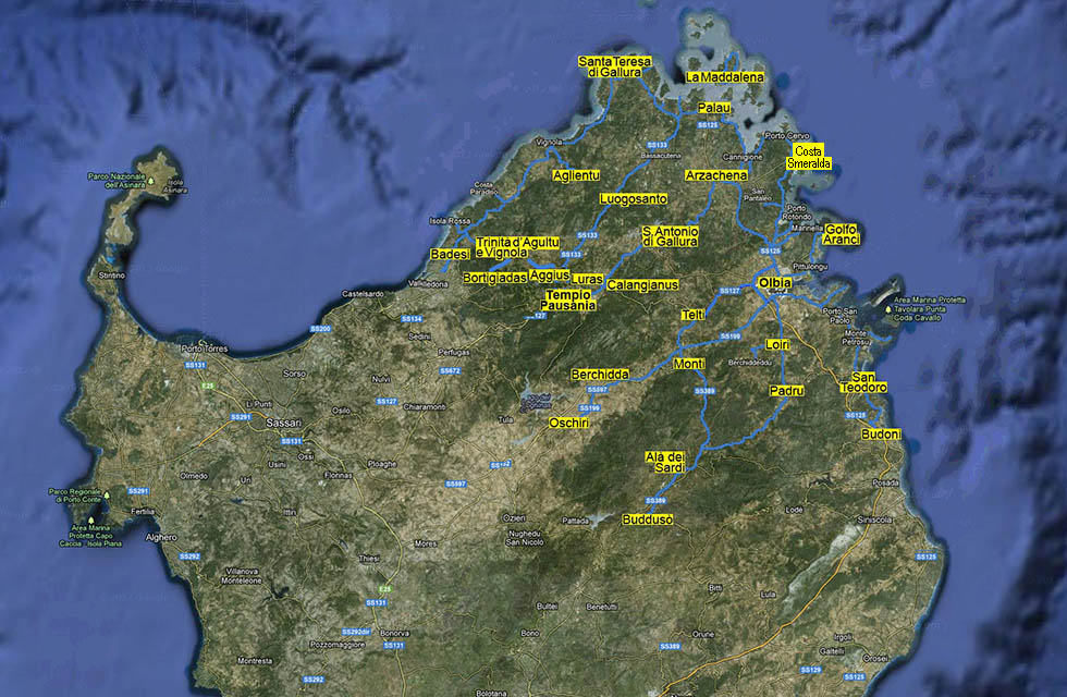 Carta geografica della provincia di Gallura Nord-Est Sardegna